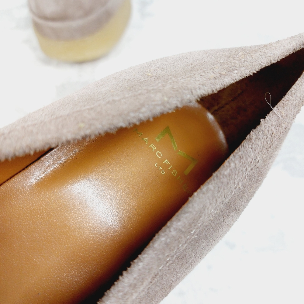 Marc Fisher Taupe Suede Platform Loafers with Yellow Crepe Sole - Picture 10 of 11